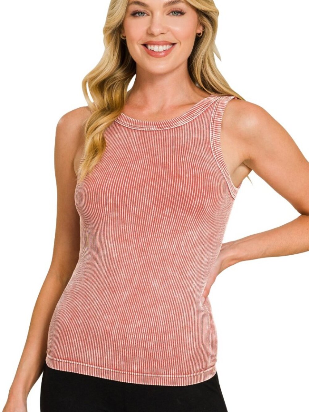 BB108 |  Two Way Neckline Washed Ribbed Seamless Tank Top - Rust